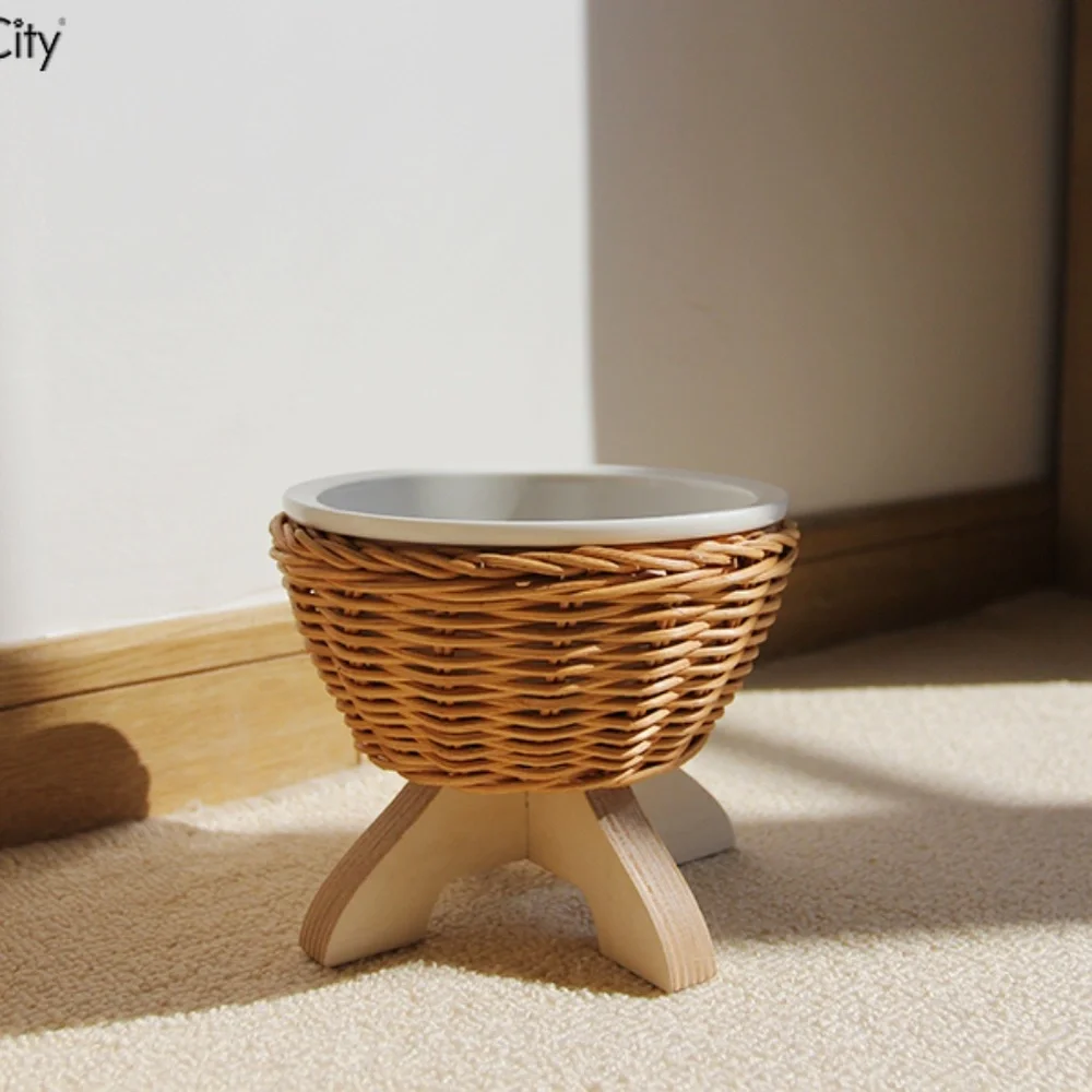 Handmade Rattan Cat And Dog Ceramic Bowl
